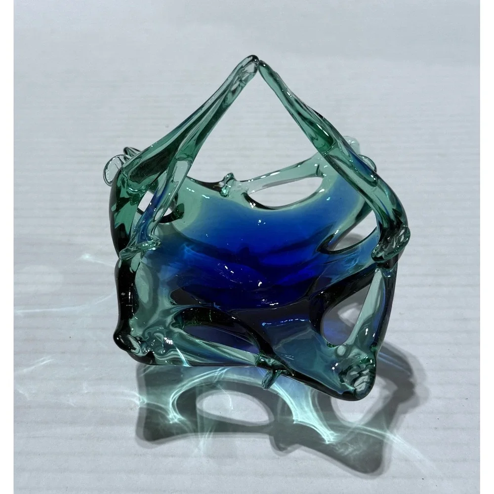 Vintage Murano Style MCM Blue‎ Green Art Glass Basket - Size 4.5 x 4.5 x 4